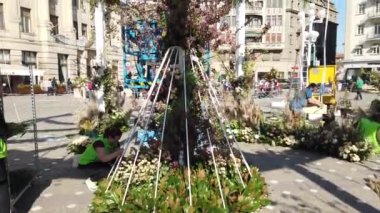 TIMISOARA, ROMANIA - 19 Nisan 2019: Zafer Meydanı, TIMFLORALIS Uluslararası Çiçek Festivali 'nde güzel çiçek süslemeleri.