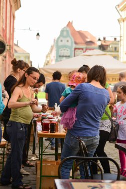 TIMISOARA, ROMANIA - 27 Nisan 2013: Şehir merkezinde düzenlenen serbest piyasa değişimine katılan insanlar