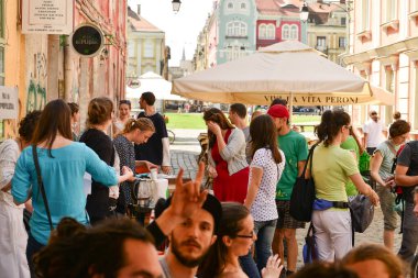 TIMISOARA, ROMANIA - 27 Nisan 2013: Şehir merkezinde düzenlenen serbest piyasa değişimine katılan insanlar