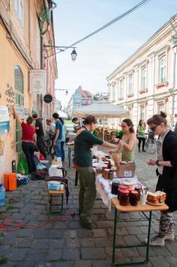 TIMISOARA, ROMANIA - 27 Nisan 2013: Şehir merkezinde düzenlenen serbest piyasa değişimine katılan insanlar
