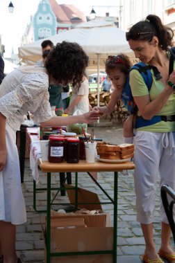 TIMISOARA, ROMANIA - 27 Nisan 2013: Şehir merkezinde düzenlenen serbest piyasa değişimine katılan insanlar