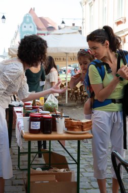 TIMISOARA, ROMANIA - 27 Nisan 2013: Şehir merkezinde düzenlenen serbest piyasa değişimine katılan insanlar