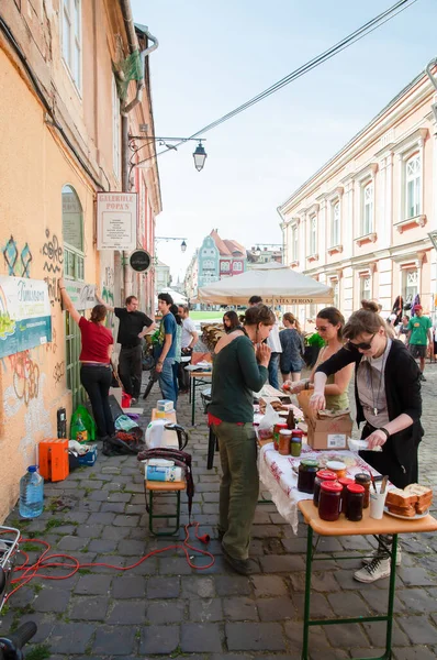 TIMISOARA, ROMANIA - 27 Nisan 2013: Şehir merkezinde düzenlenen serbest piyasa değişimine katılan insanlar