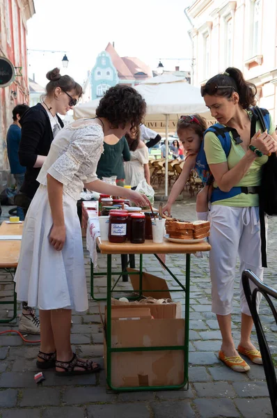 TIMISOARA, ROMANIA - 27 Nisan 2013: Şehir merkezinde düzenlenen serbest piyasa değişimine katılan insanlar