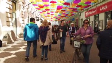 TIMISOARA, ROMANIA - 19 Nisan 2019: TIMFLORALIS Uluslararası Çiçek Festivali. İnsanlar ve turistler şehir merkezindeki çiçek süslerinin keyfini çıkarıyorlar.