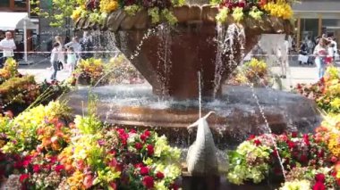 TIMISOARA, ROMANIA - 19 Nisan 2019: Zafer Meydanı, TIMFLORALIS uluslararası çiçek festivalinde çiçeklerle süslenmiş güzel bir çeşme. Yavaş çekim görüntüleri
