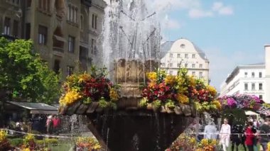 TIMISOARA, ROMANIA - 19 Nisan 2019: Zafer Meydanı, TIMFLORALIS uluslararası çiçek festivalinde çiçeklerle süslenmiş güzel bir çeşme. Yavaş çekim görüntüleri
