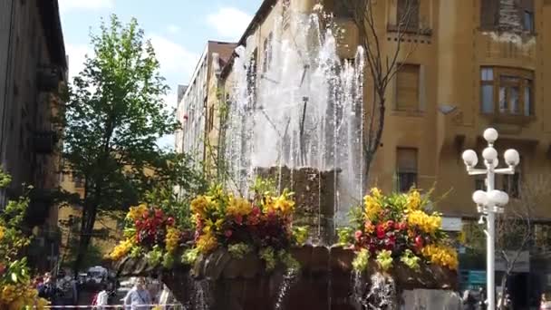 Timisoara Románia 2019 Április Győzelmi Tér Gyönyörű Szökőkút Virágokkal Díszítve — Stock videók