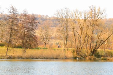 Regensburg, Almanya: İnsanlar gün batımında Regensburg, Almanya ve Avrupa 'da Tuna Nehri boyunca kırsal bir yolda bisiklete biniyorlar.