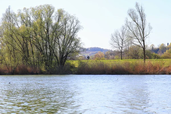 Regensburg Alemanha Pessoas Estão Andando Bicicleta Uma Estrada Rural Pôr — Fotografia de Stock