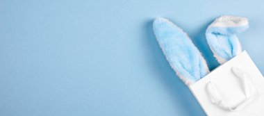 Mavi arka planda geniş bir pankart. Paskalya için online alışveriş kavramı