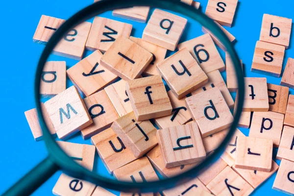 English Alphabet Made Square Wooden Tiles English Alphabet Scattered Blue — Stock Photo, Image