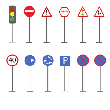 Beyaz arkaplanda yol işaretleri ve trafik ışıkları.