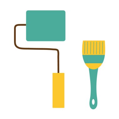 Bir silindir seti ve yapım ve onarım için bir fırça. İzole edilmiş beyaz arka plan. Bir tasarım ögesi veya logo olarak inşa araçları.