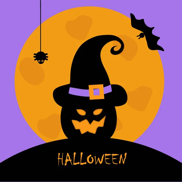 Halloween ünnep. Tökfej boszorkánykalapban a telihold hátterében. Egy horrorfilm bökdöséssel és ütővel. Hozzon létre egy képeslapot, plakátot vagy szórólapot. Lapos illusztráció. — Stock Vector
