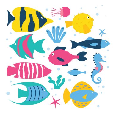 Deniz balığı, mercan ve yosun seti. İzole edilmiş beyaz arka plan. Düz resimden ayarlandı.