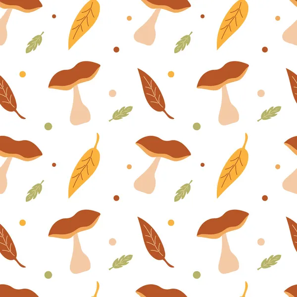 Sömlös bakgrund med svamp och blad. Hösten. Duk, tapeter eller omslagspapper. Illustration. — Stock vektor