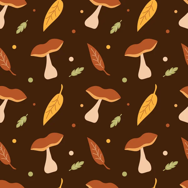 갈색 배경에 버섯 과 나뭇잎 이 있는 무미건조 한 무늬. 가을. 옷, 벽지 혹은 포장지. 삽화. — 스톡 벡터