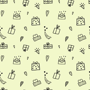Sarı arka planda kalpler ve hediye kutuları olan kusursuz çizimler. Kutlama ambalajı ya da duvar kağıdı. Sevgililer Günü. Vektör illüstrasyonu.