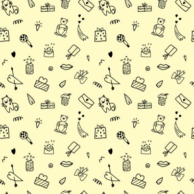 Sarı arka planda Sevgililer Günü karalama unsurları olan kusursuz siyah beyaz çizimler. Tatil ambalajı ya da duvar kağıdı için. İlişkiler ve aşk. Vektör illüstrasyonu.