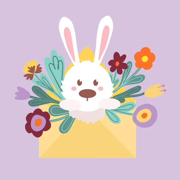 复活节兔子在一个信封里,里面有一束鲜花.明信片复活节快乐。紫色背景。设计要素. — 图库矢量图片