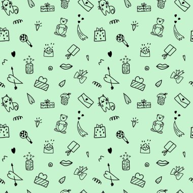 Yeşil arka planda Sevgililer Günü karalama unsurları olan kusursuz siyah beyaz çizimler. Tatil ambalajı ya da duvar kağıdı için. İlişkiler ve aşk. Vektör illüstrasyonu.