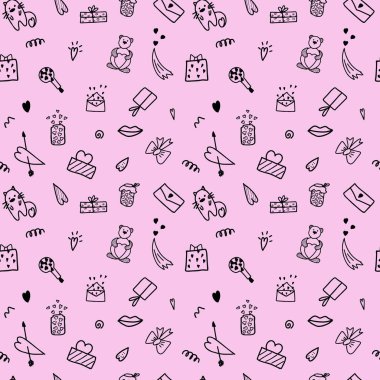 Pembe arka planda sevgililer günü karalama unsurları olan kusursuz siyah beyaz çizimler. Tatil ambalajı ya da duvar kağıdı için. İlişkiler ve aşk. Vektör illüstrasyonu.