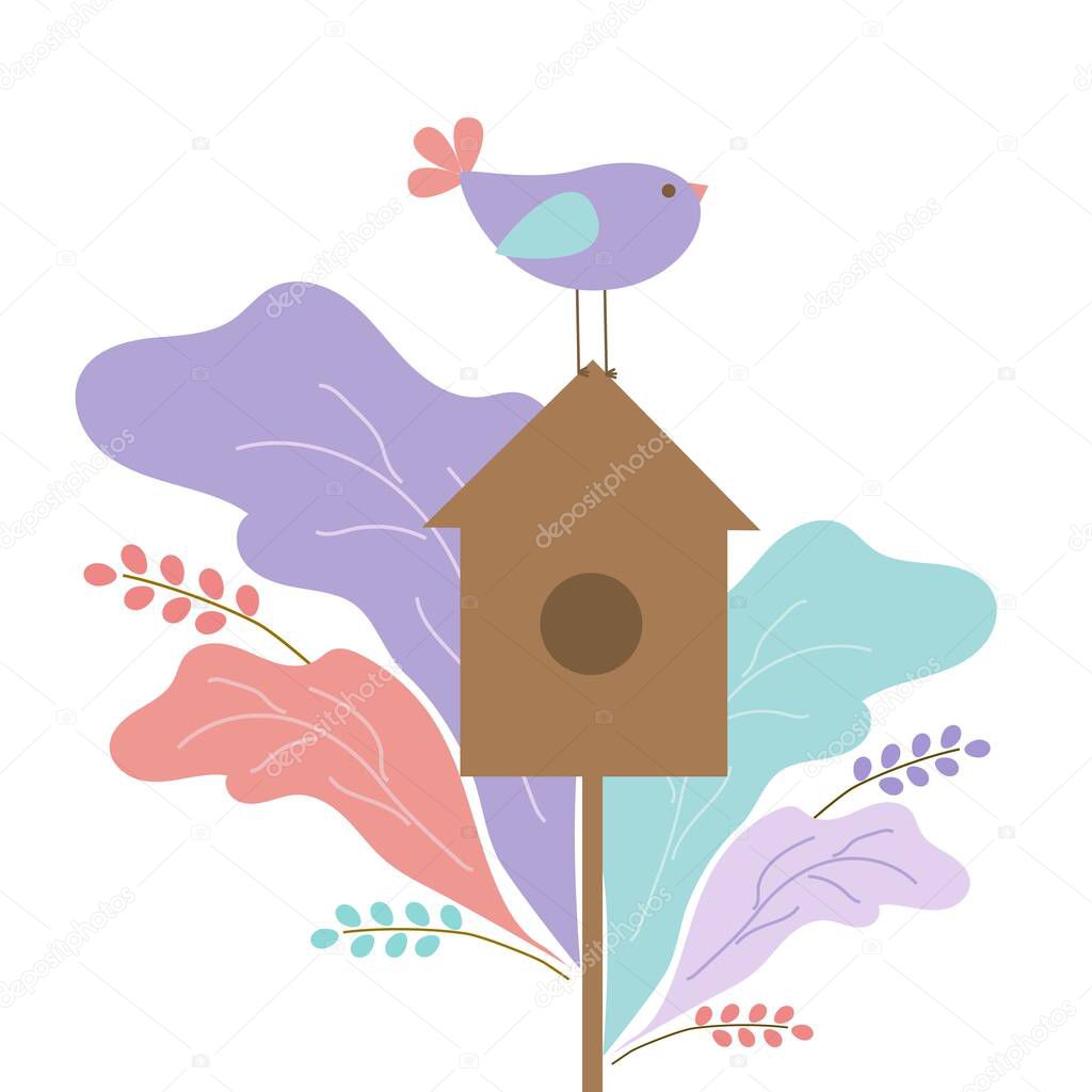 A purple bird stands on a birdhouse that is surrounded by spring flowers. Spring came. Bird house. Elements for postcard or design. Flat illustration.