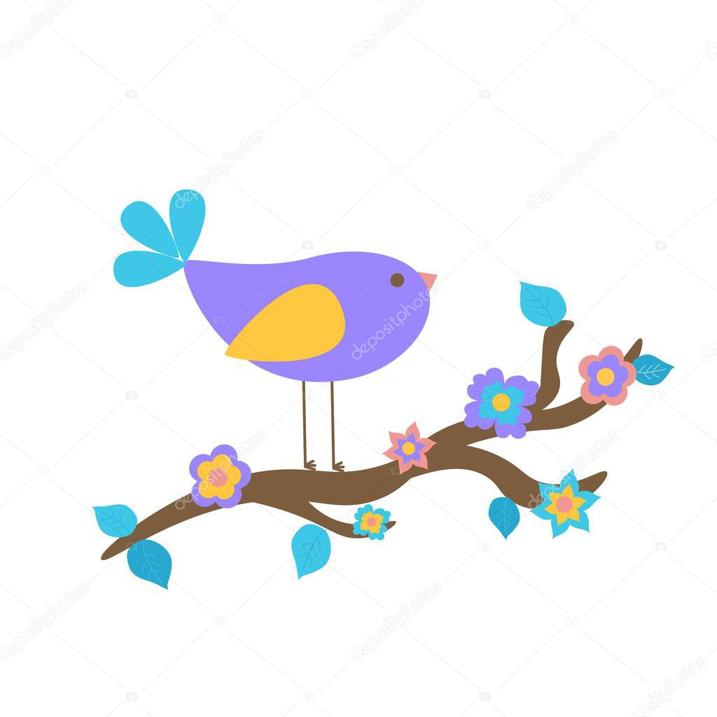 A cute purple bird sits on a tree branch covered with flowers. Spring came. Design for a postcard or invitation. Flat vector illustration.