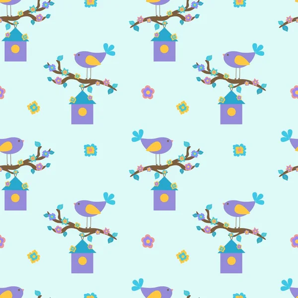 Nahtlose Frühlingsillustration mit einem lila Vogel auf einem Zweig mit Blumen und einem Vogelhaus. Für Textilien oder Packpapier. Flache Illustration. — Stockvektor
