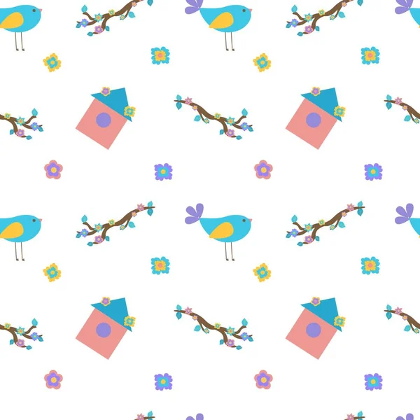 Безшовна весняна ілюстрація з птахами, квітами та птахами. Для текстилю або обгорткового паперу. Плоска ілюстрація . — стоковий вектор