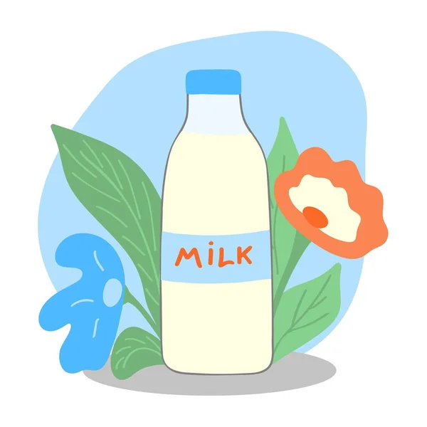 花と一緒に葉の中のミルクのボトル 6月1日は牛乳の休日です 健康食品 ラベル ラベル デザイン ベクターイラスト — ストックベクタ