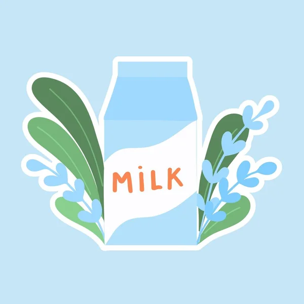 Paquet Lait Dans Herbe Autocollant Jour Lait Illustration Plate Vecteur — Image vectorielle