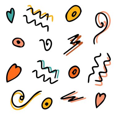 Set of additional multicolored doodle elements. Creation of design or addition. Filling in empty space. Isolated illustration. Vector.