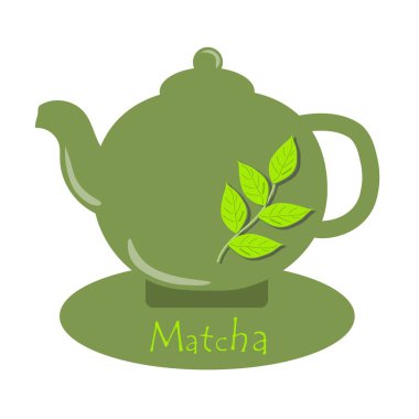 Match. Teapot with matcha green tea. Tea time. Cooking ingredients, baking and tea. Vector illustration.