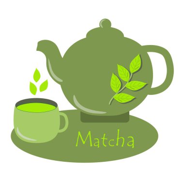 Match. A teapot and a cup of matcha green tea. Tea time. Cooking ingredients, baking and tea. Vector illustration.