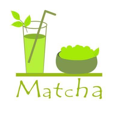 Match. Cold green drink from matches. Powder for cooking ingredients, baking and tea. Vector illustration.