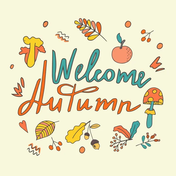 Sada Listů Bobulí Podzimního Ovoce Ahoj Autumn Nápis Plakát Nebo — Stockový vektor