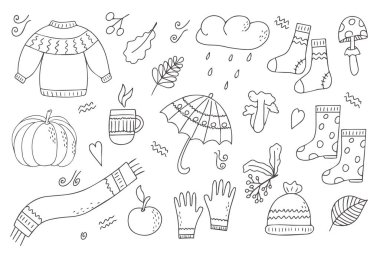 Siyah beyaz çizgili sonbahar aksesuarları. Boyama sayfaları. Doodle tarzı. Merhaba, Autumn. Tasarım ya da çıkartma. İzole vektör illüstrasyonu.