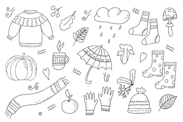 Siyah beyaz çizgili sonbahar aksesuarları. Boyama sayfaları. Doodle tarzı. Merhaba, Autumn. Tasarım ya da çıkartma. İzole vektör illüstrasyonu.