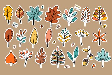 Parlak sonbahar yapraklarından çıkartmalar. Doodle tarzı. Merhaba, Autumn. Tasarım ya da çıkartma. İzole vektör illüstrasyonu.