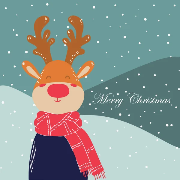 Güzel geyikli Noel kartı. Sevimli bir karakter. Poster ya da davetiye. Karalama çizimi. Vektör.