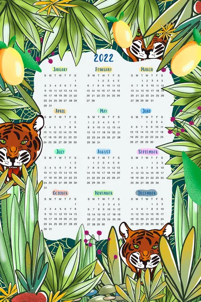 Calendar 2022 Hand Drawn Tropical Plants Tigers Abstract Background 2022 — Stock Photo, Image