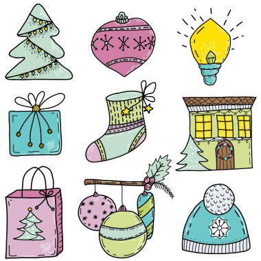 Noel karalama çizimleri seti. Tasarımın için el çizimi elementler. Kardan adam, Noel ağacı, noel balosu, hediye kutusu, küçük penguen, Noel çorabı, örgü şapka, çelenk