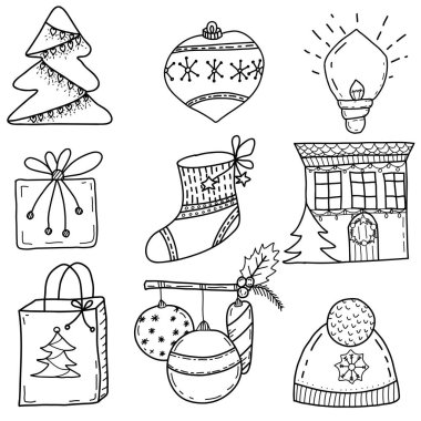 Noel karalama çizimleri seti. Tasarımın için el çizimi elementler. Kardan adam, Noel ağacı, noel balosu, hediye kutusu, küçük penguen, Noel çorabı, örgü şapka, çelenk
