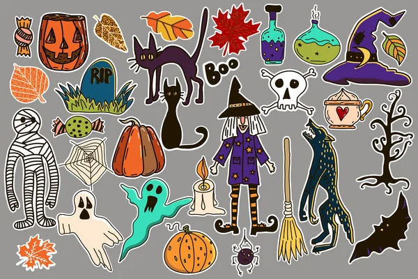 Raccolta Adesivi Halloween Disegnati Mano Strega Licantropo Mummia Gatti Neri — Vettoriale Stock