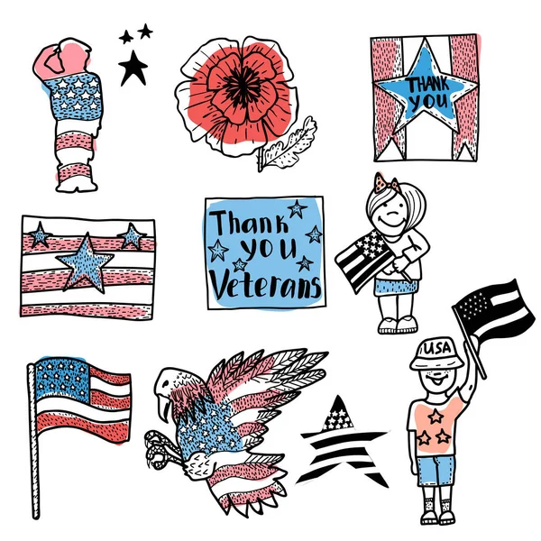 Векторный Набор День Ветеранов Американский Флаг Красный Мак Символы Правительства — стоковый вектор