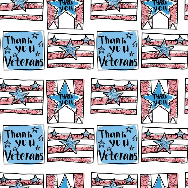 退伍军人节无缝图案 带有爱国标志的假日矢量背景 美国国旗 红罂粟 — 图库矢量图片
