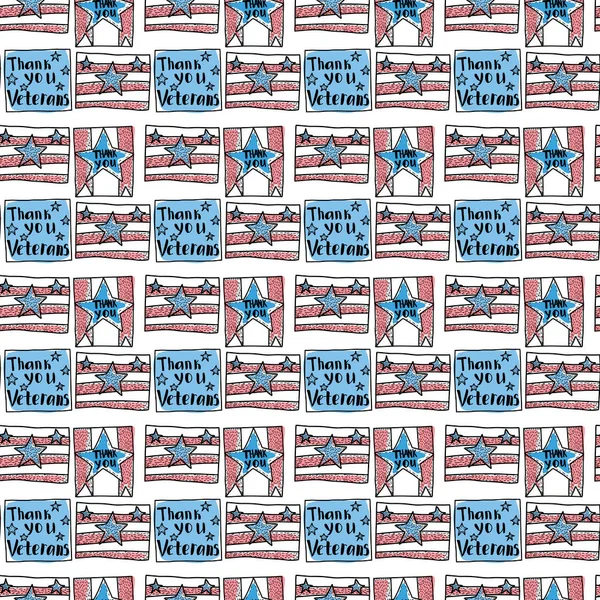 Veteran's Day seamless pattern. Holiday vector background with patriotic symbols, american flag, soldier, eagle, red poppies. 
