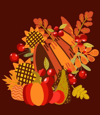 Şükran Günü tebrik kartın kutlu olsun. Sonbahar yaprakları, böğürtlenler, dallar, meyveler, ayçiçekleri, cornucopia, hindi ve balkabaklarıyla düz vektör çizimi.